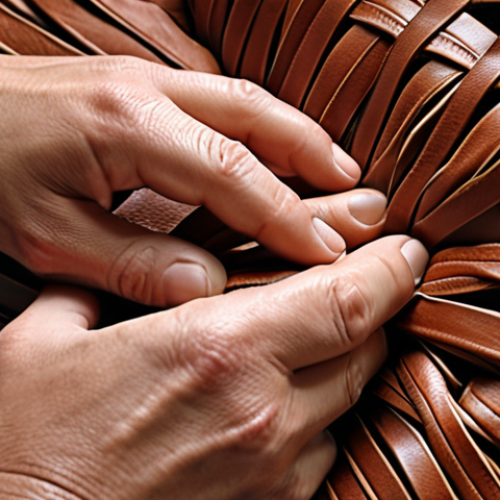 Home 16 **Close-up of hands intricately weaving strips of full-grain leather, showcasing the over-under technique. Focus on the texture and detail of the leather and weave.**