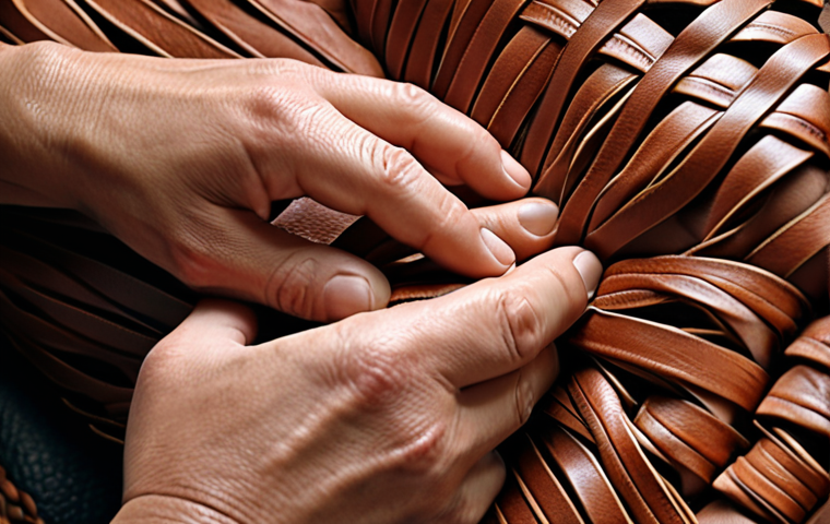 **Close-up of hands intricately weaving strips of full-grain leather, showcasing the over-under technique. Focus on the texture and detail of the leather and weave.**