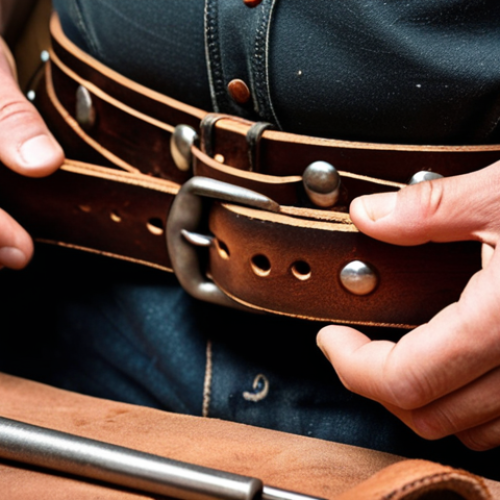Home 15 **Full Grain Leather Belt Creation:** A close-up shot showcasing the hands of a skilled artisan meticulously working on a full-grain leather belt. The focus is on the natural beauty and texture of the leather, with tools and hardware (buckle, rivets) artfully arranged around the workspace. Highlight the rich patina developing on the leather with subtle warm lighting.