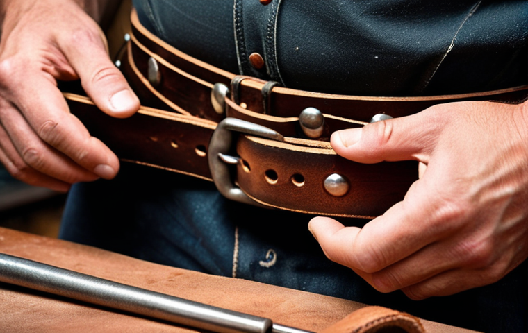 **Full Grain Leather Belt Creation:** A close-up shot showcasing the hands of a skilled artisan meticulously working on a full-grain leather belt. The focus is on the natural beauty and texture of the leather, with tools and hardware (buckle, rivets) artfully arranged around the workspace. Highlight the rich patina developing on the leather with subtle warm lighting.