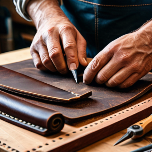 Home 8 A skilled leather artisan, fully clothed in modest professional workshop attire, focused with a natural pose, meticulously engraving a brand logo onto a piece of rich, full-grain leather using traditional tools. The artisan's well-formed hands demonstrate perfect anatomy and proper finger count. The scene is set in a well-lit, organized leather workshop, with various leather materials and crafting tools visible on a workbench. The image emphasizes precision and authenticity, capturing the essence of quality craftsmanship. safe for work, appropriate content, fully clothed, professional, perfect anatomy, correct proportions, natural pose, well-formed hands, proper finger count, natural body proportions, professional photography, high quality.