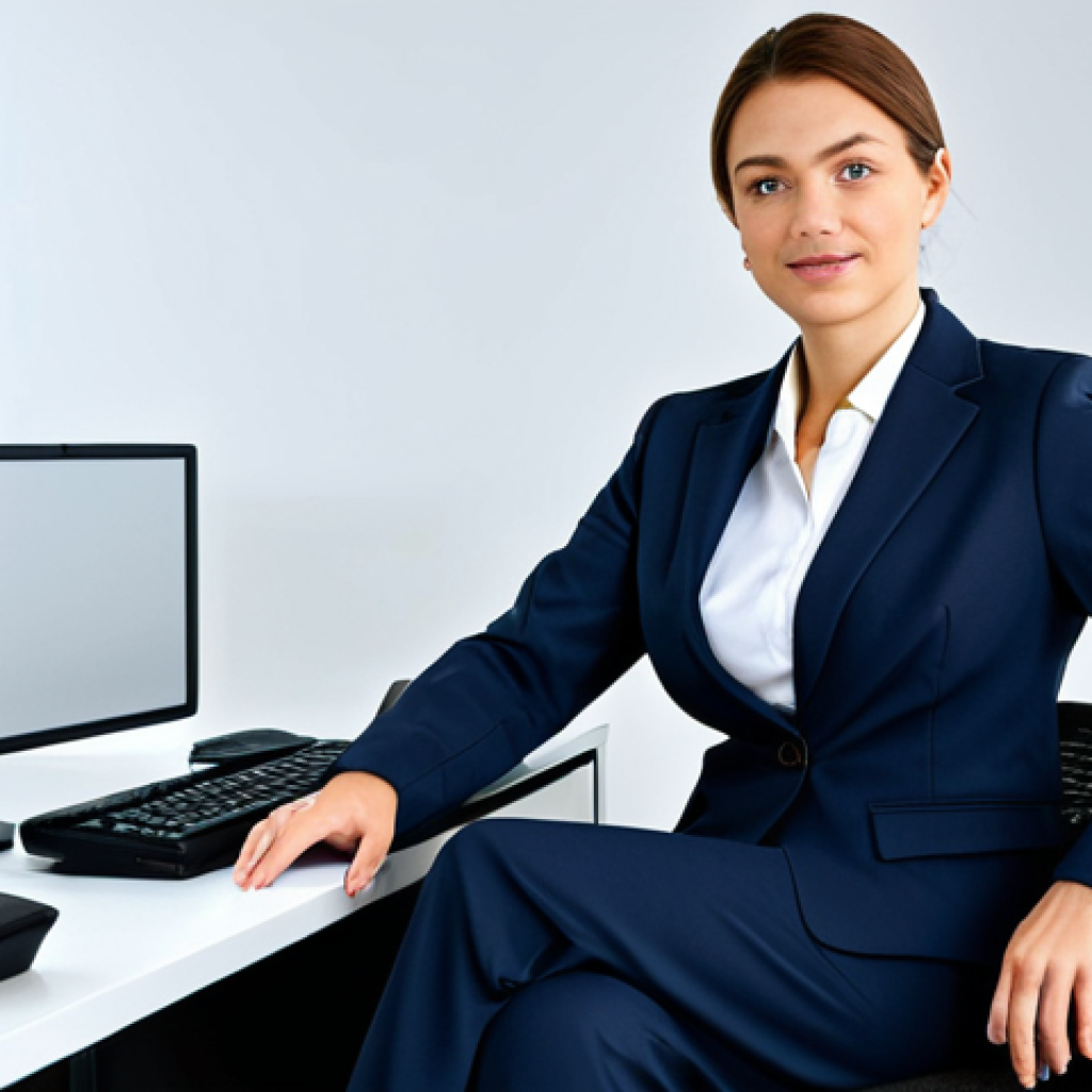 **
"A professional businesswoman in a modest business suit, sitting at a desk in a modern office, fully clothed, appropriate attire, safe for work, perfect anatomy, natural proportions, professional photography, high quality"
**