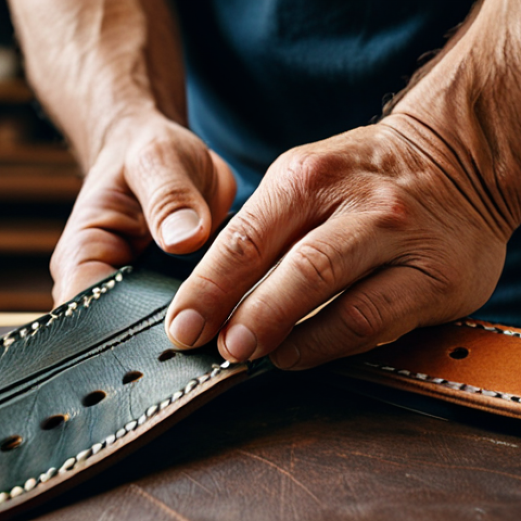 가죽공예 아트워크 - **
"Close-up of a skilled artisan's hands meticulously hand-stitching vegetable-tanned leather, cra...