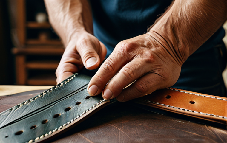 가죽공예 아트워크 - **
"Close-up of a skilled artisan's hands meticulously hand-stitching vegetable-tanned leather, cra...