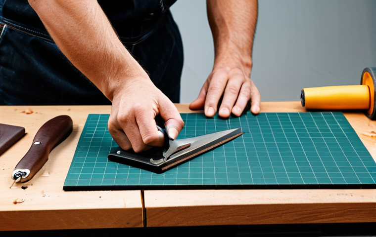 가죽공예 도구 - Leather Cutting Tools**
"A beginner's leatherworking setup. Focus on a rotary cutter, sharp knife, ...