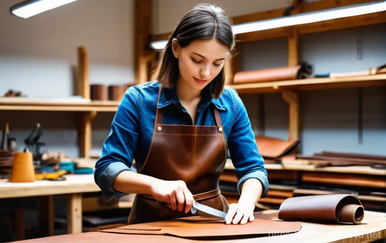 가죽공예 제작 시간 단축 - **Prompt 1: Modern Leather Crafting Workshop in Action**
"A talented female leather artisan, in ...