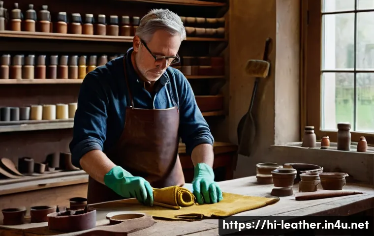 가죽공예 염색 기술 - **Prompt 1: The Art of Leather Preparation**
"A skilled artisan, focused and meticulous, is care...
