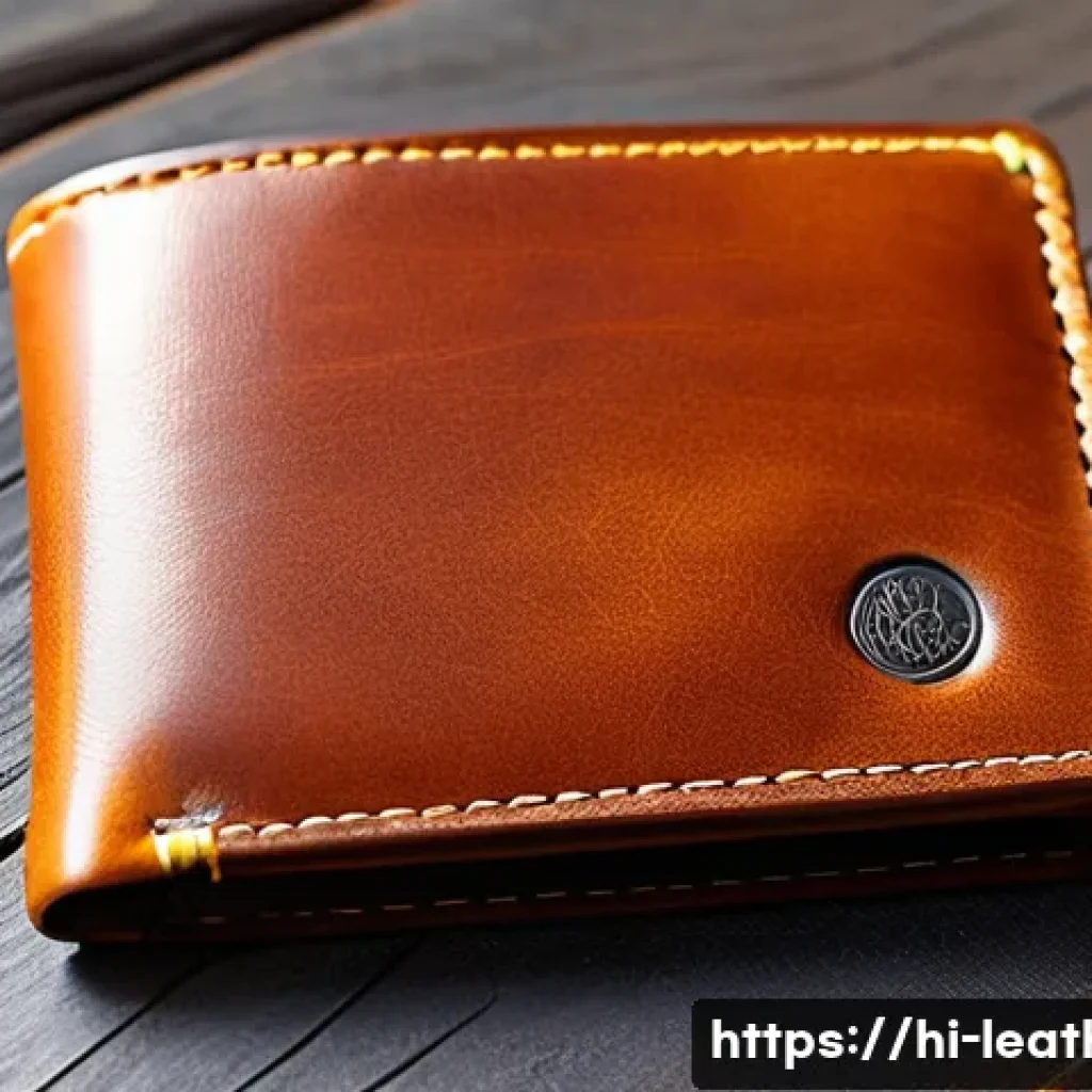 가죽공예 맞춤형 제작 - A high-quality custom leather wallet displayed on a wooden table, showcasing rich brown genuine leat...
