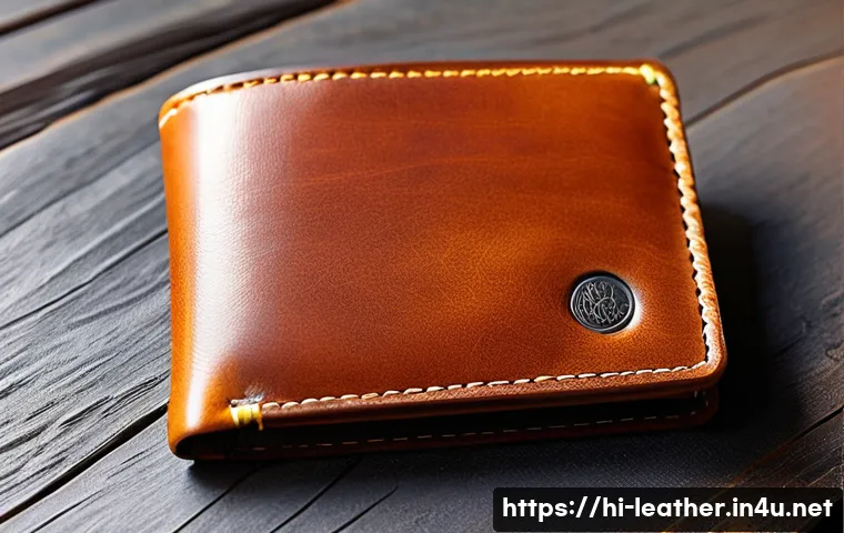 가죽공예 맞춤형 제작 - A high-quality custom leather wallet displayed on a wooden table, showcasing rich brown genuine leat...