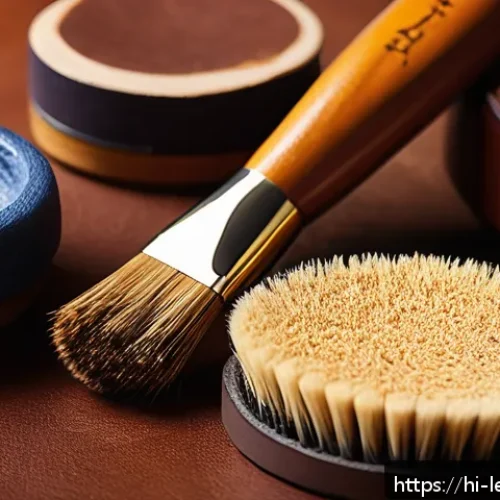 가죽공예 최적의 마감제 - A detailed close-up image of a leather artisan&rsquo;s workspace focusing on soft-bristle finishing brushe...