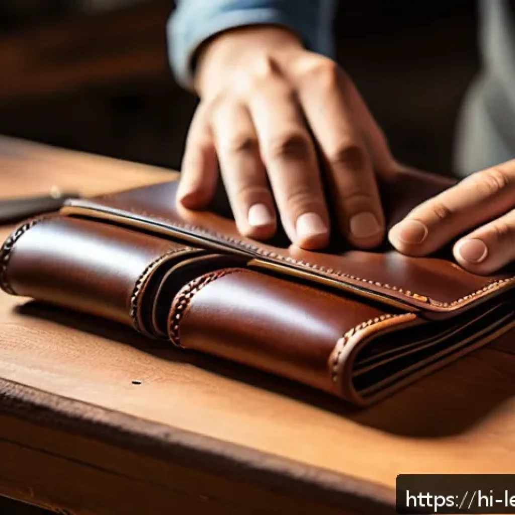 가죽공예 카드지갑 만들기 - A close-up image of a premium full-grain leather wallet in the process of being hand-stitched, showi...