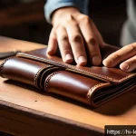 가죽공예 카드지갑 만들기 - A close-up image of a premium full-grain leather wallet in the process of being hand-stitched, showi...