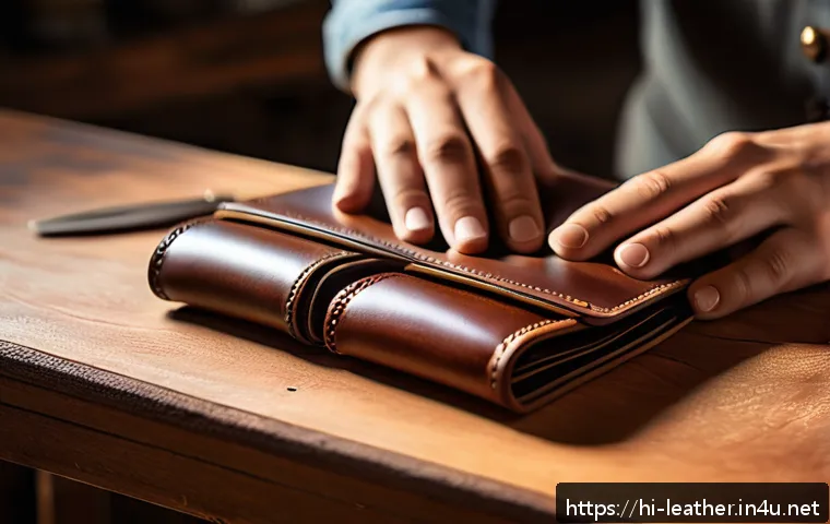 가죽공예 카드지갑 만들기 - A close-up image of a premium full-grain leather wallet in the process of being hand-stitched, showi...