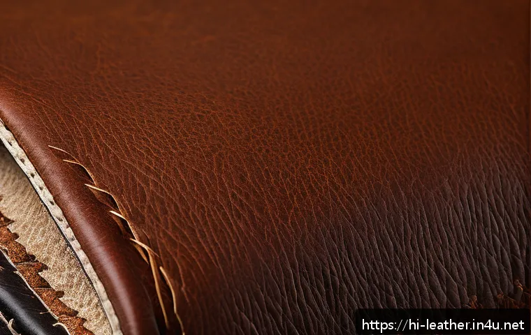 가죽공예 공예 작품 전시 - A close-up, high-resolution image of a premium leather jacket sleeve showcasing natural leather text...