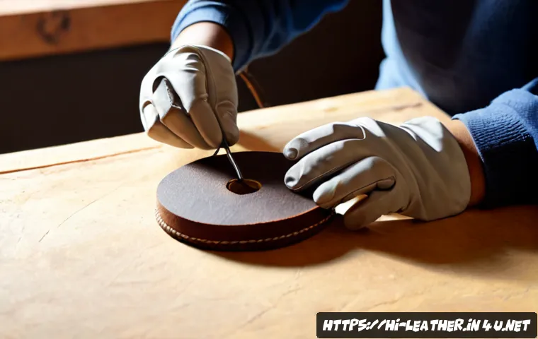 Home 17 가죽공예 목걸이 만들기 - Photorealistic overhead view of a handmade leather necklace project on a clean wooden workbench, adu...
